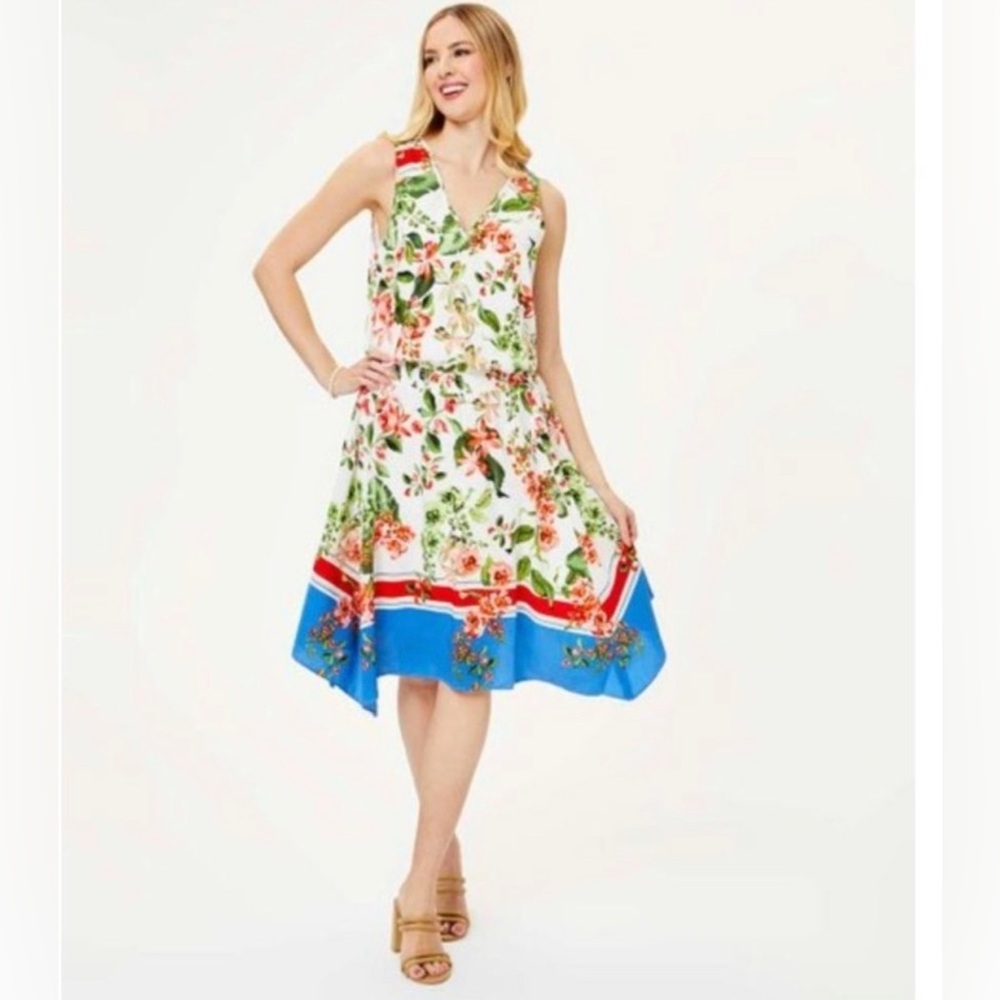 EUC Tommy Hilfiger Floral Sleeveless V-Neck Smocked Waist Dress 18w Asymmetric